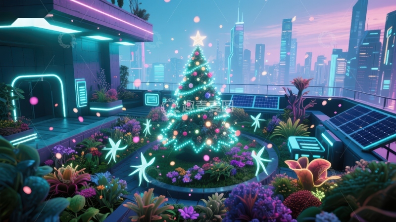 高清大图下载【趣麦麦图】未来城市中的圣诞树与花园