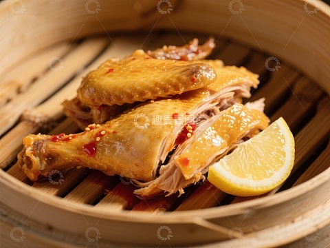蒸笼中的美味鸡肉配柠檬