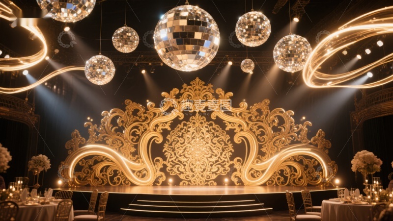高清大图下载【趣麦麦图】华丽金色舞台与闪烁迪斯科球