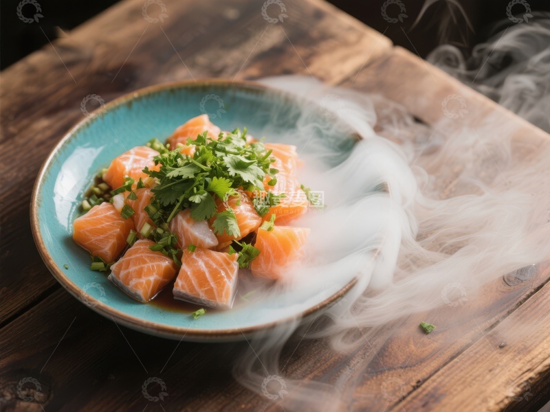 高清大图下载【趣麦麦图】烟雾缭绕的三文鱼刺身