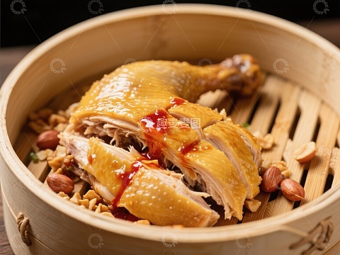 蒸笼中的美味鸡肉