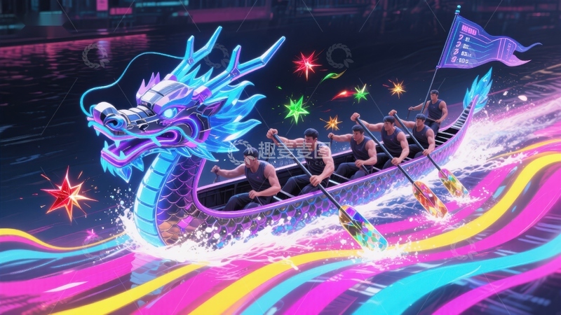 高清大图下载【趣麦麦图】龙舟竞渡，霓虹闪烁