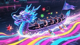 龙舟竞渡，霓虹闪烁