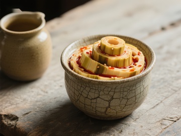 竹笋泡菜盛于裂纹瓷碗