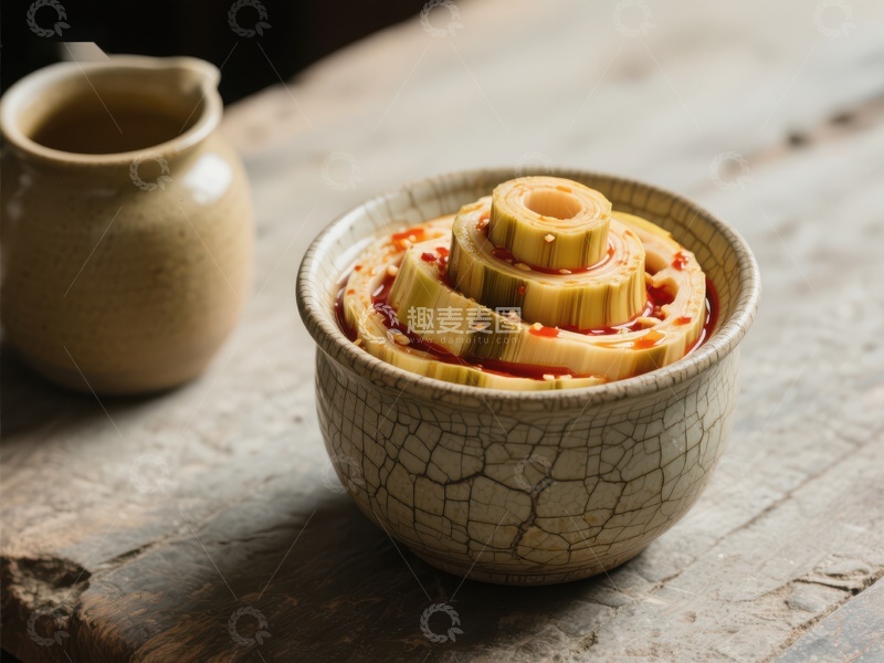 高清大图下载【趣麦麦图】竹笋泡菜盛于裂纹瓷碗