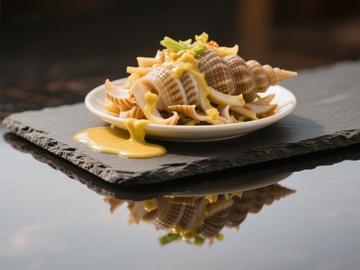 精致海螺菜肴，搭配黄色酱汁