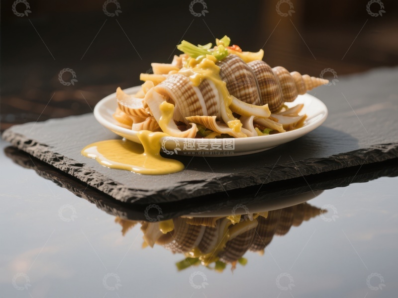 高清大图下载【趣麦麦图】精致海螺菜肴，搭配黄色酱汁