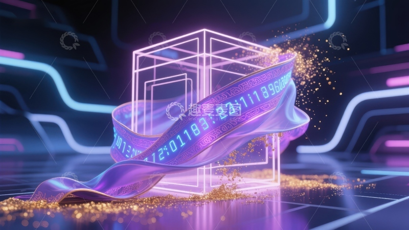 高清大图下载【趣麦麦图】数字立方体与流动数据带的未来科技场景