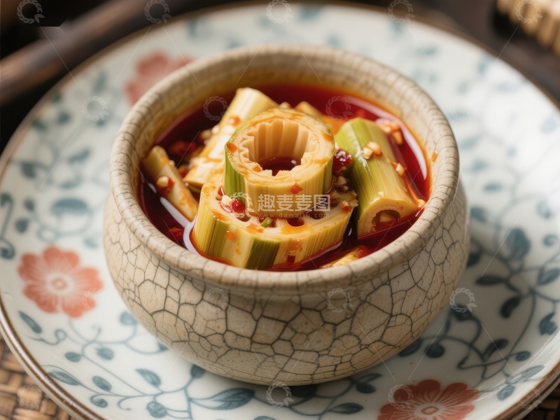 高清大图下载【趣麦麦图】竹笋泡菜，红油浸渍，瓷碗盛装
