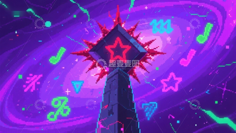 高清大图下载【趣麦麦图】霓虹塔与音乐符号的奇幻场景