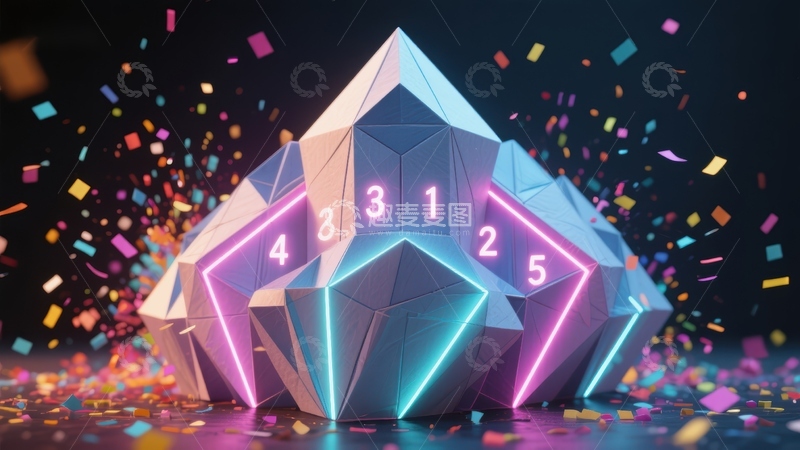 高清大图下载【趣麦麦图】霓虹数字几何体与彩色纸屑