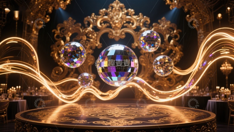 高清大图下载【趣麦麦图】华丽舞台上的水晶球与金色波浪