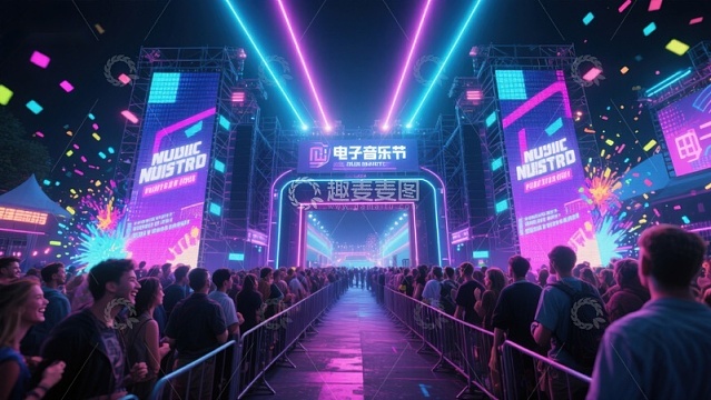 霓虹灯光下的电子音乐节现场