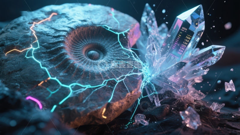 高清大图下载【趣麦麦图】神秘化石与发光晶体的科幻碰撞