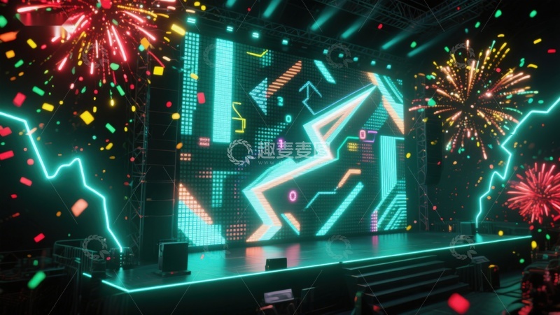 高清大图下载【趣麦麦图】霓虹灯光舞台与烟花庆祝场景