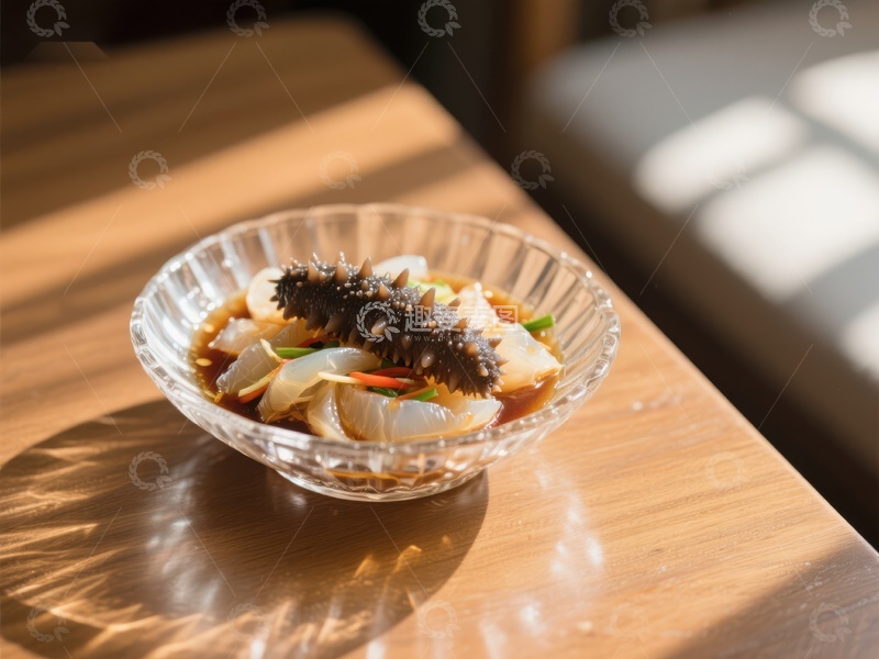 高清大图下载【趣麦麦图】海参拌菜，精致玻璃碗中呈现