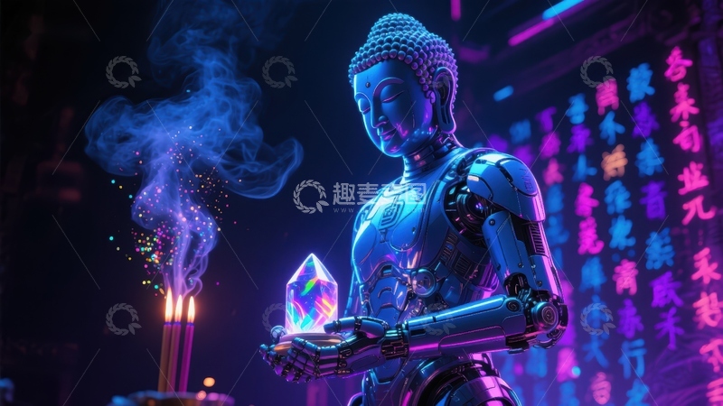 高清大图下载【趣麦麦图】未来佛像手持光晶，霓虹背景