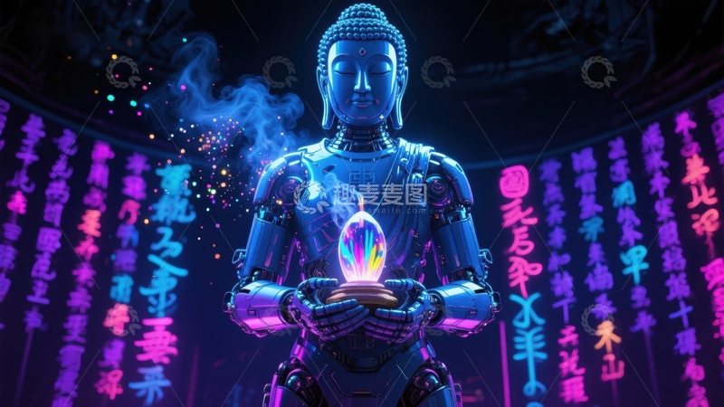 高清大图下载【趣麦麦图】未来佛像手持光球，霓虹背景科技感十足