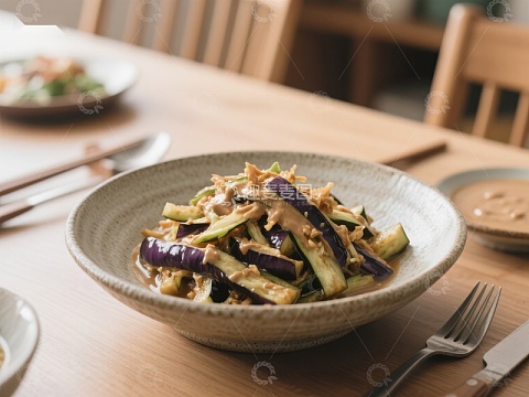 美味茄子炒菜，摆放在木质餐桌