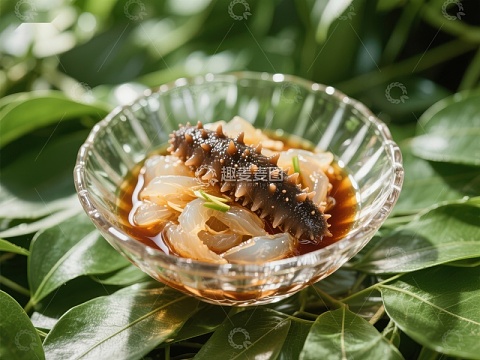 海参拌凉菜，清新绿叶衬托