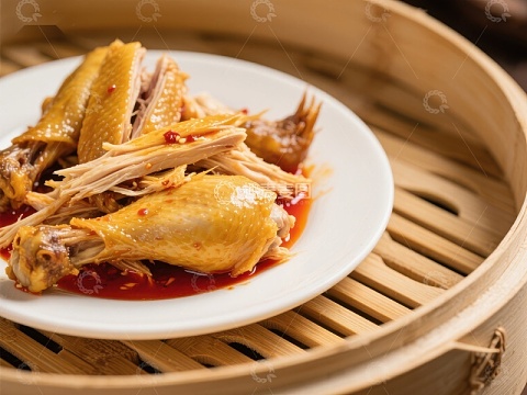 蒸笼中的美味鸡肉料理