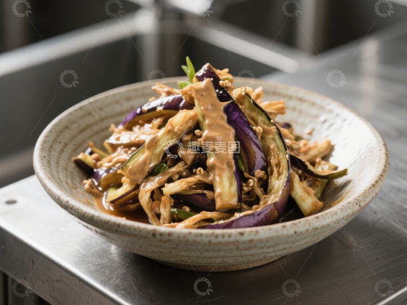 高清大图下载【趣麦麦图】烤茄子拌面，淋上浓郁酱汁