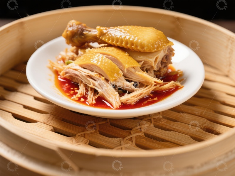 高清大图下载【趣麦麦图】蒸鸡配红油，竹蒸笼中呈现