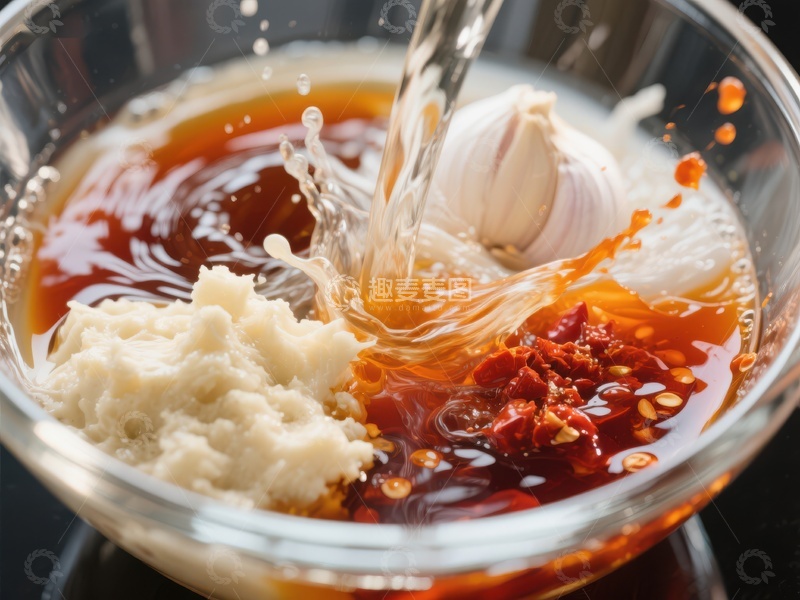 高清大图下载【趣麦麦图】调料碗中液体倾泻，激起食材飞溅