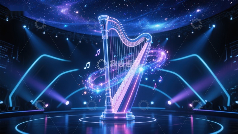 高清大图下载【趣麦麦图】炫彩舞台上的发光竖琴