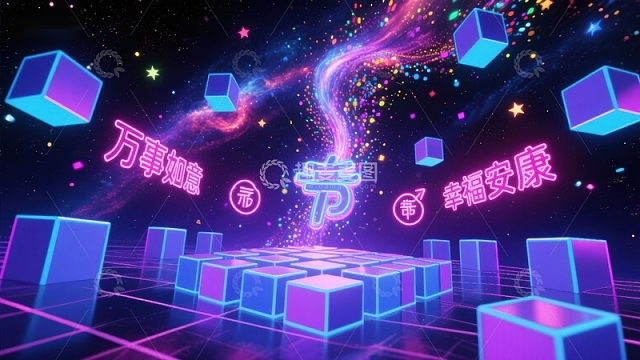 霓虹立方体与节日祝福语