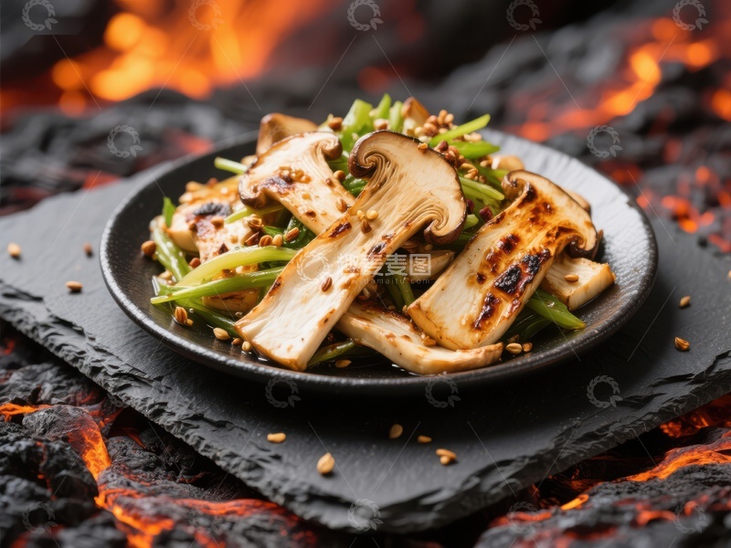 高清大图下载【趣麦麦图】烤蘑菇配青葱与芝麻