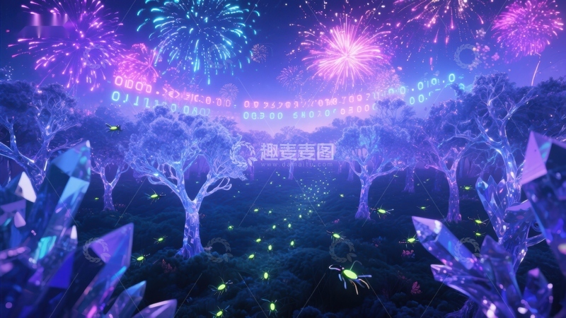 高清大图下载【趣麦麦图】梦幻森林夜景，烟花与二进制代码交织