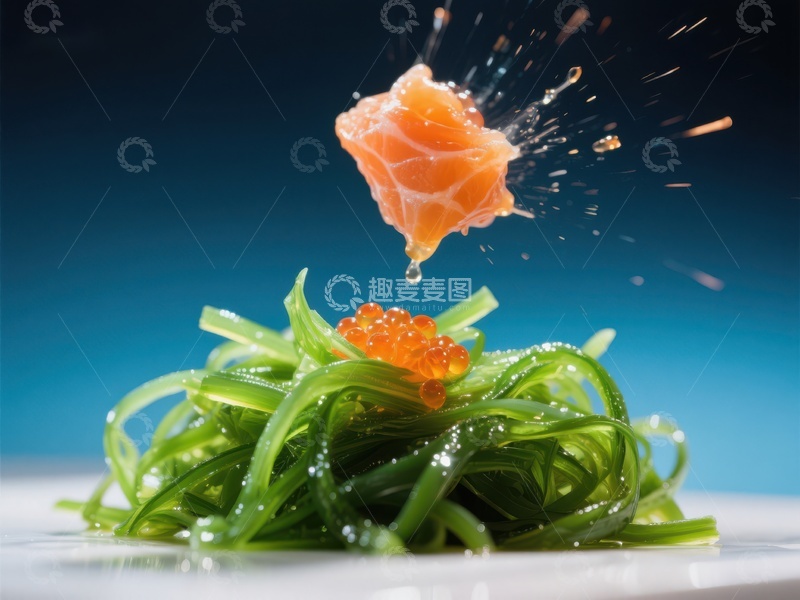 高清大图下载【趣麦麦图】三文鱼片飞溅，海藻与鱼子酱点缀