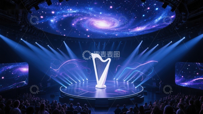 高清大图下载【趣麦麦图】星空舞台上的竖琴表演