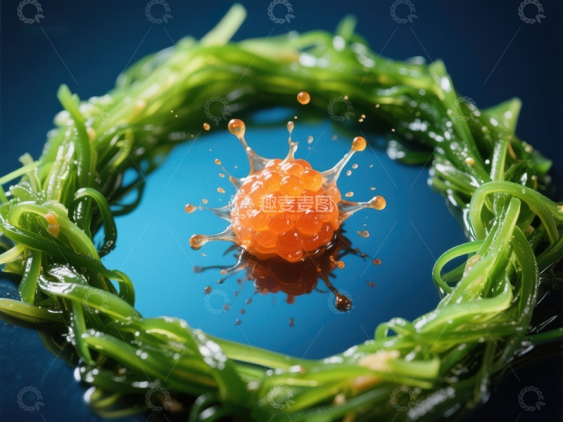高清大图下载【趣麦麦图】海藻环绕的橙色果粒瞬间爆裂