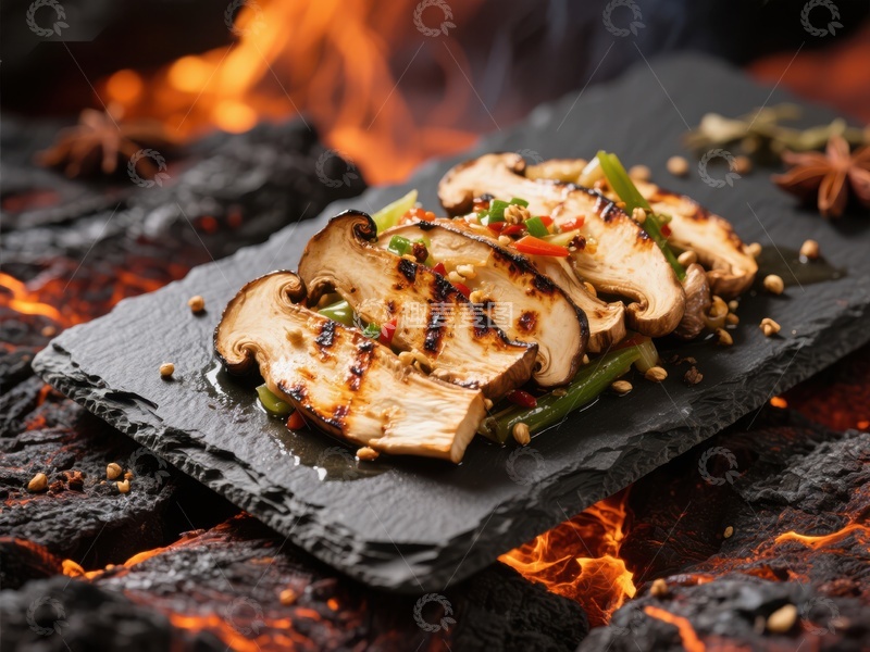 高清大图下载【趣麦麦图】火焰旁的烤蘑菇美食