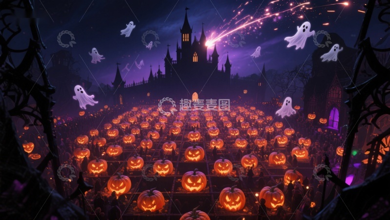 高清大图下载【趣麦麦图】万圣节南瓜灯与幽灵城堡夜景