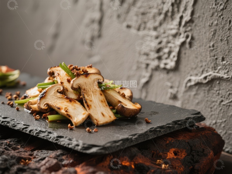 高清大图下载【趣麦麦图】烤制蘑菇配青葱，置于石板之上