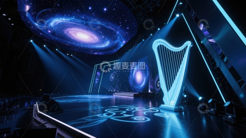 高清大图下载【趣麦麦图】舞台上的发光竖琴与星系背景
