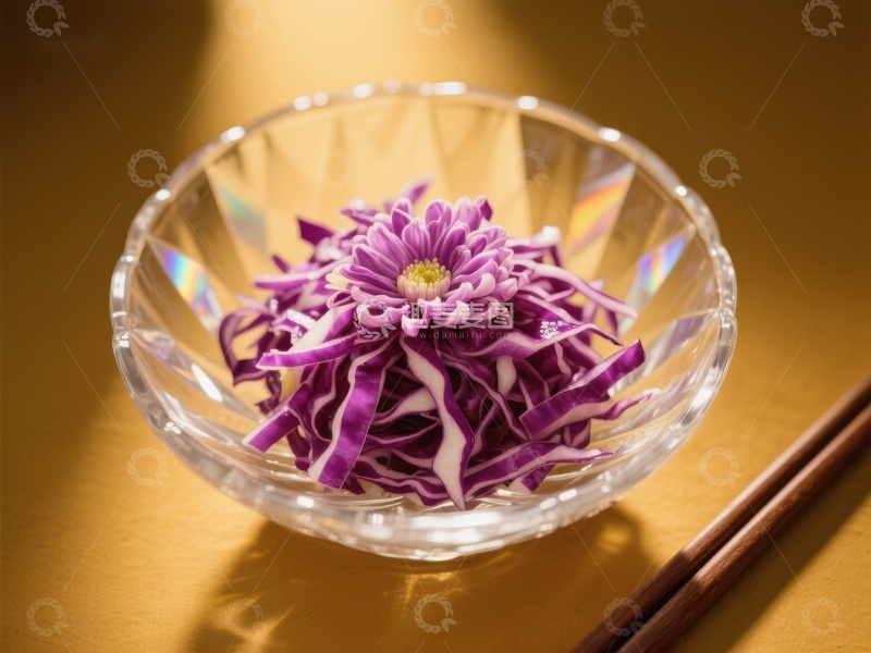 紫色卷心菜花装饰于透明玻璃碗中