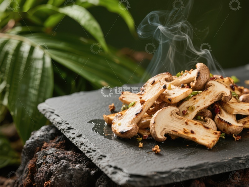 高清大图下载【趣麦麦图】烟熏蘑菇，石板上的美味佳肴