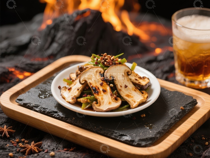 高清大图下载【趣麦麦图】火山背景下的烤蘑菇美食