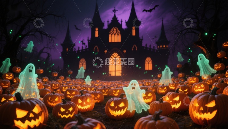 高清大图下载【趣麦麦图】万圣节城堡与南瓜灯幽灵