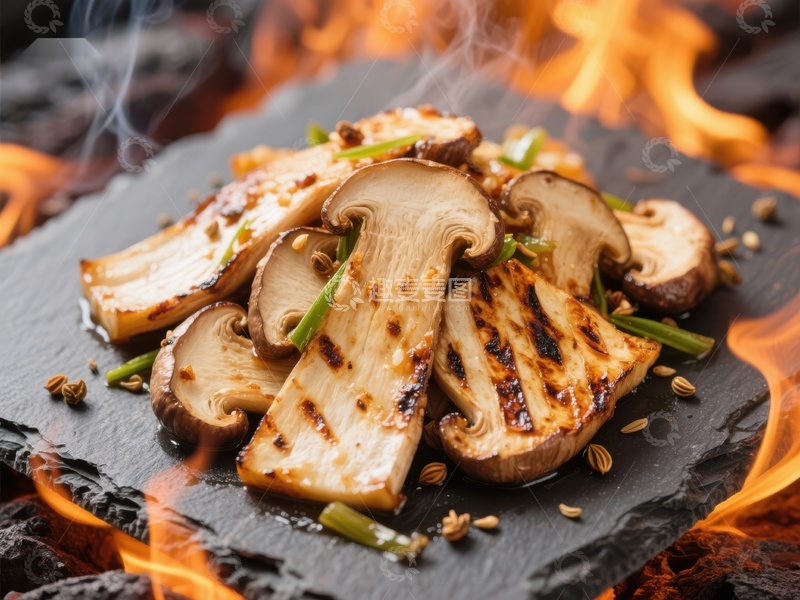 高清大图下载【趣麦麦图】火焰上的烤蘑菇美食