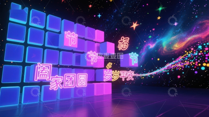 高清大图下载【趣麦麦图】节日祝福背景：霓虹灯与星空的完美结合