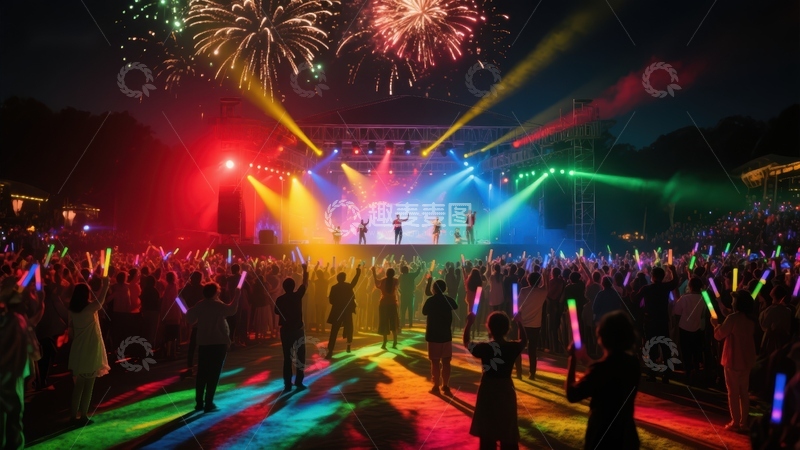 高清大图下载【趣麦麦图】夜空烟花下的舞台表演