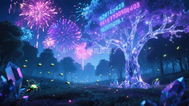 高清大图下载【趣麦麦图】梦幻森林中的数字之树与烟花