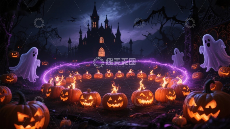 高清大图下载【趣麦麦图】万圣节南瓜灯与幽灵环绕的神秘城堡