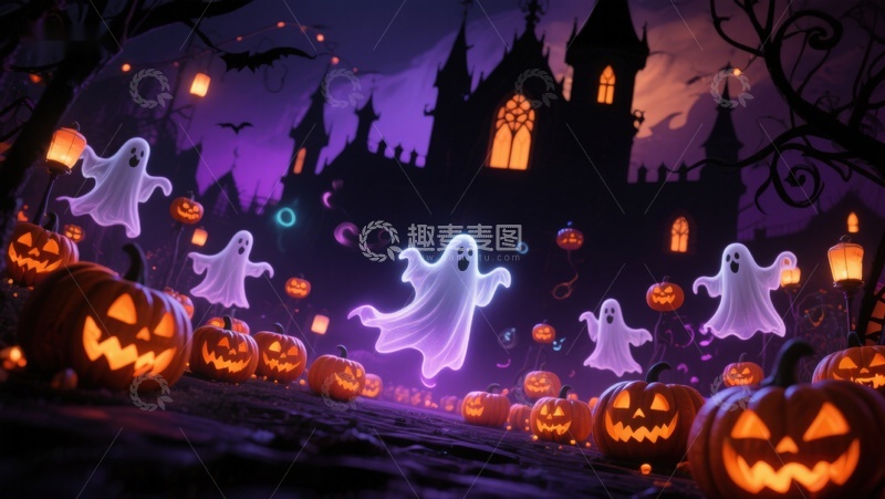 高清大图下载【趣麦麦图】万圣节夜景：幽灵与南瓜灯