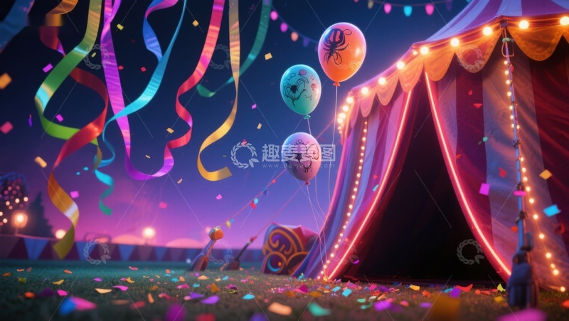 高清大图下载【趣麦麦图】夜幕下的节日帐篷与气球